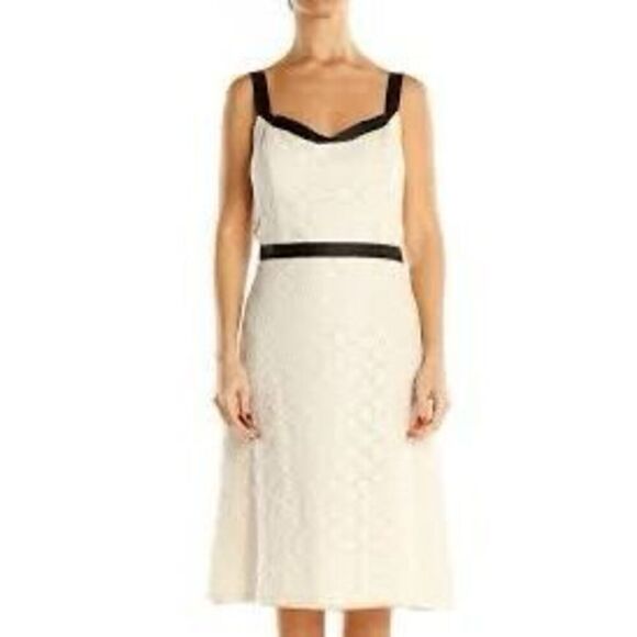 Ann Taylor Loft Women’s Size 4 Midi Dress Ivory Black Lace Overlay Side Zip - Picture 1 of 12
